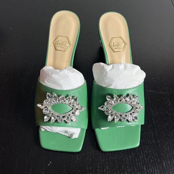 NALEBE Womens Size 35.5 (US 5.5) 50mm Aurum Embellished Mule Heel Sandals Green - Picture 1 of 9